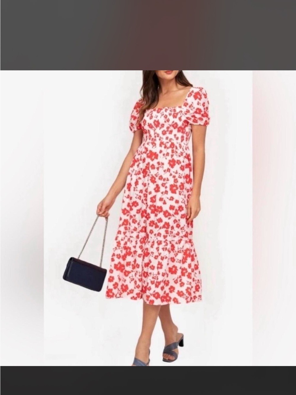 Red Floral Puff Sleeve Midi Dress White Cotton Cottagecore Feminine Chic | 12 - Picture 5 of 8